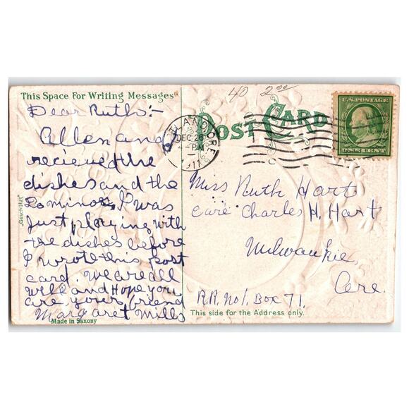 Happy New Year Cherubs - The Old Design Shop Vintage Embossed New Year Greetings Postcard with Cherub & Holly